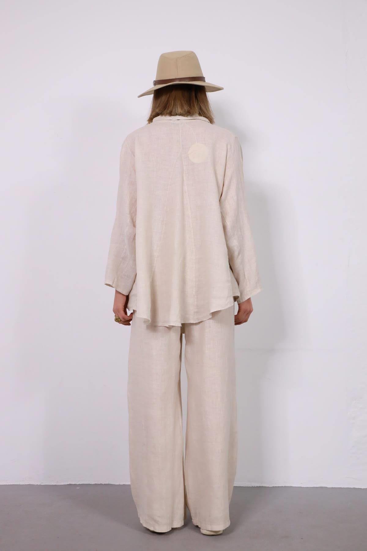  Krem Rengi Cep Detaylı Gömlek Pantolon Keten Takım