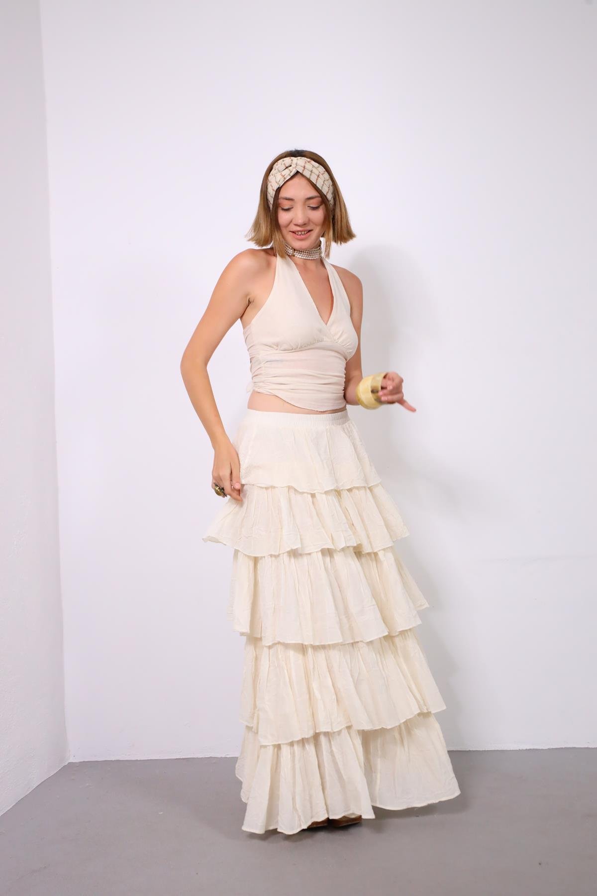  Ekru Beli Lastikli Kat Kat Bohem Etek