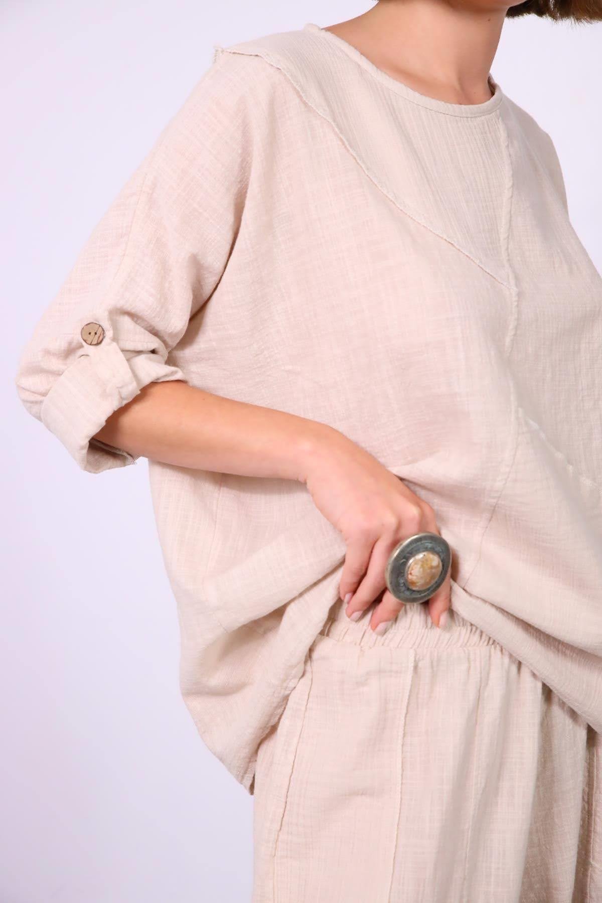  Krem Rengi Müslin Parçalı Dikişli Pantolon ve Bluz Takım