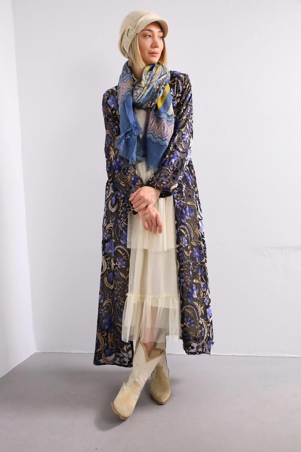 Siyah Kadife İşlemeli Şifon Kaftan - Şaman Butik Siyah Kadife İşlemeli Şifon Kaftan