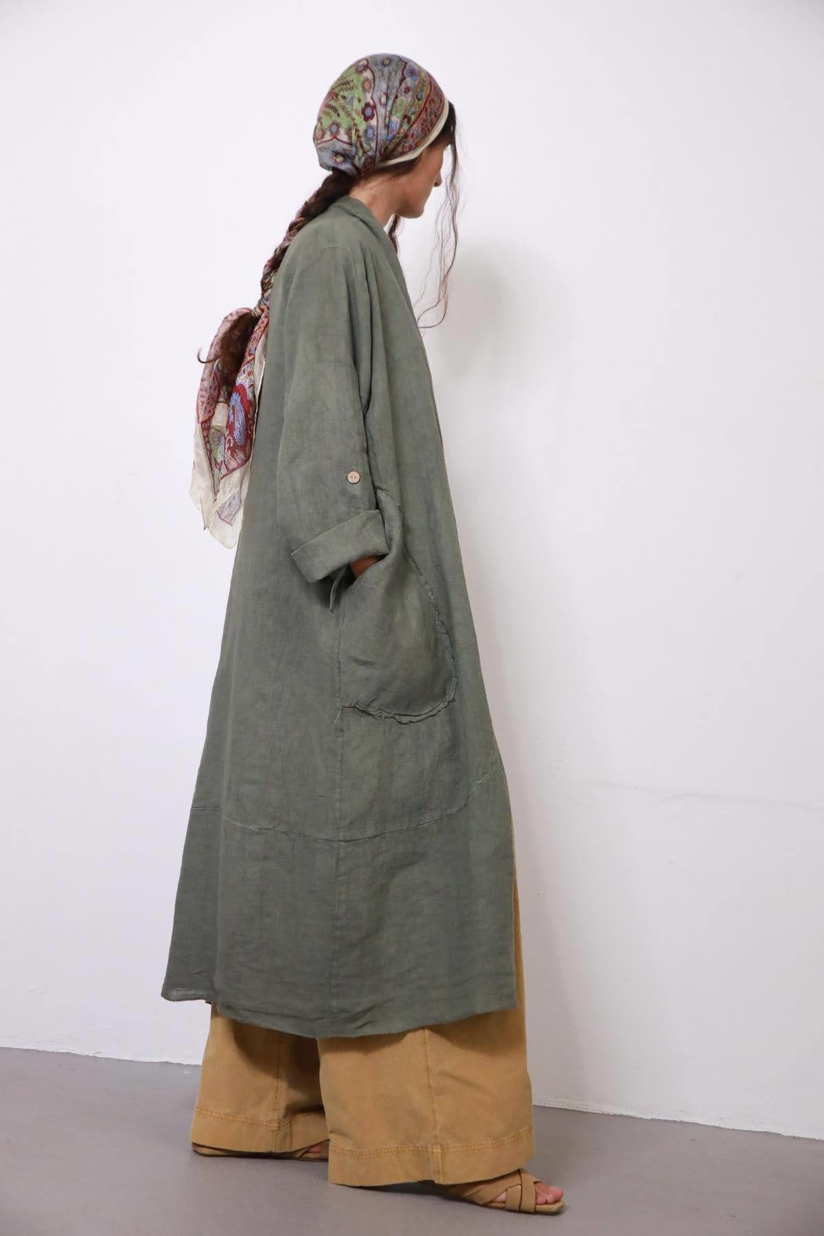  Haki Cebi Düğmeli Keten Kaftan