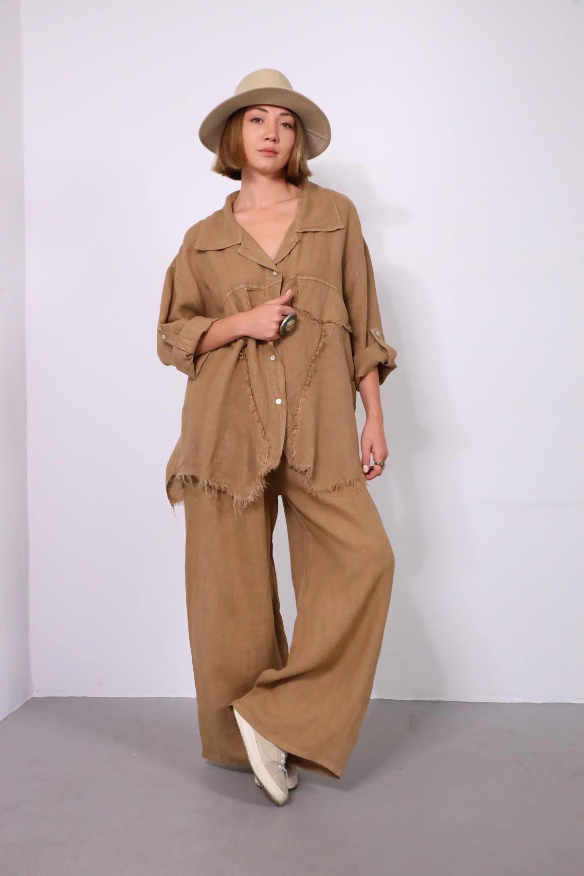  Camel Rengi Püsküllü Dikiş Detaylı Gömlek Pantolon Keten Takım