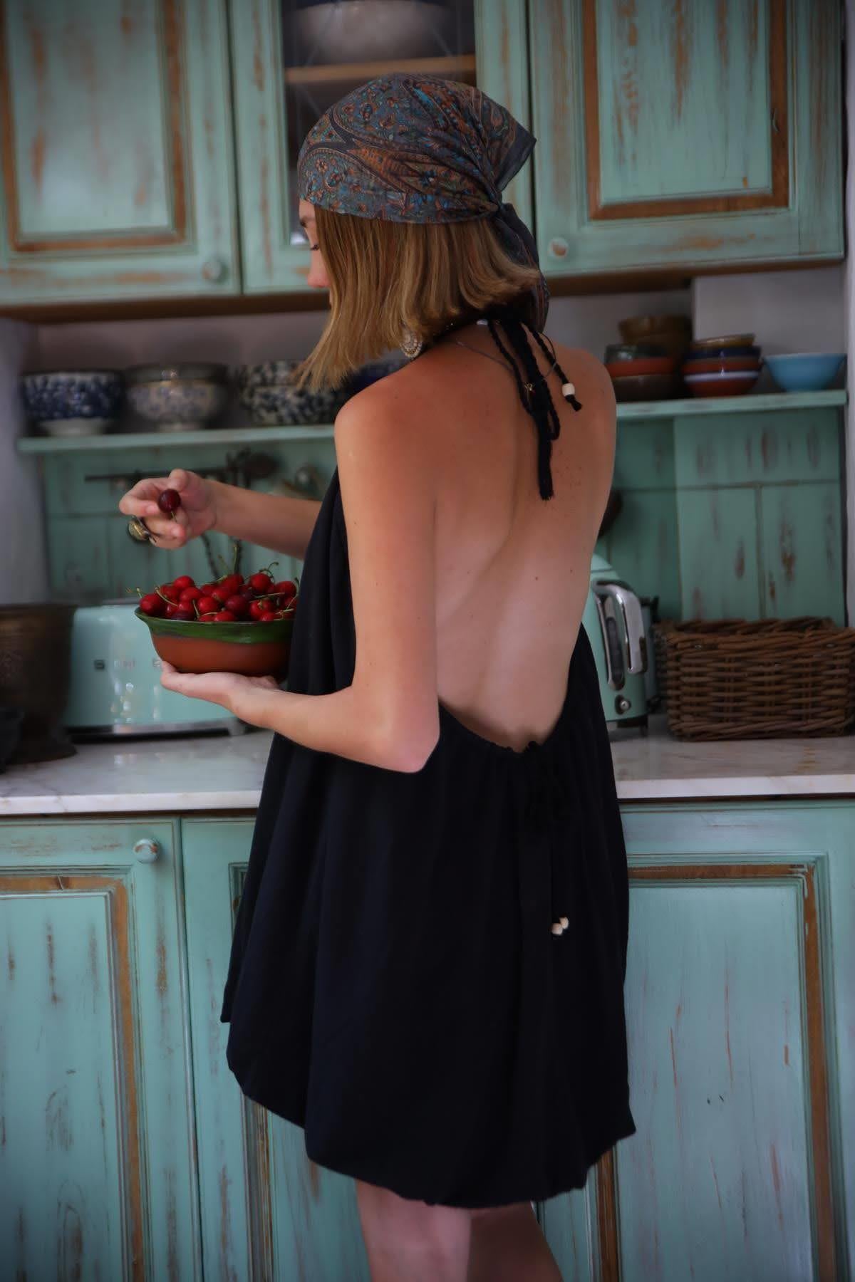 Siyah İp Askılı Balon Elbise - Şaman Butik Siyah İp Askılı Balon Elbise