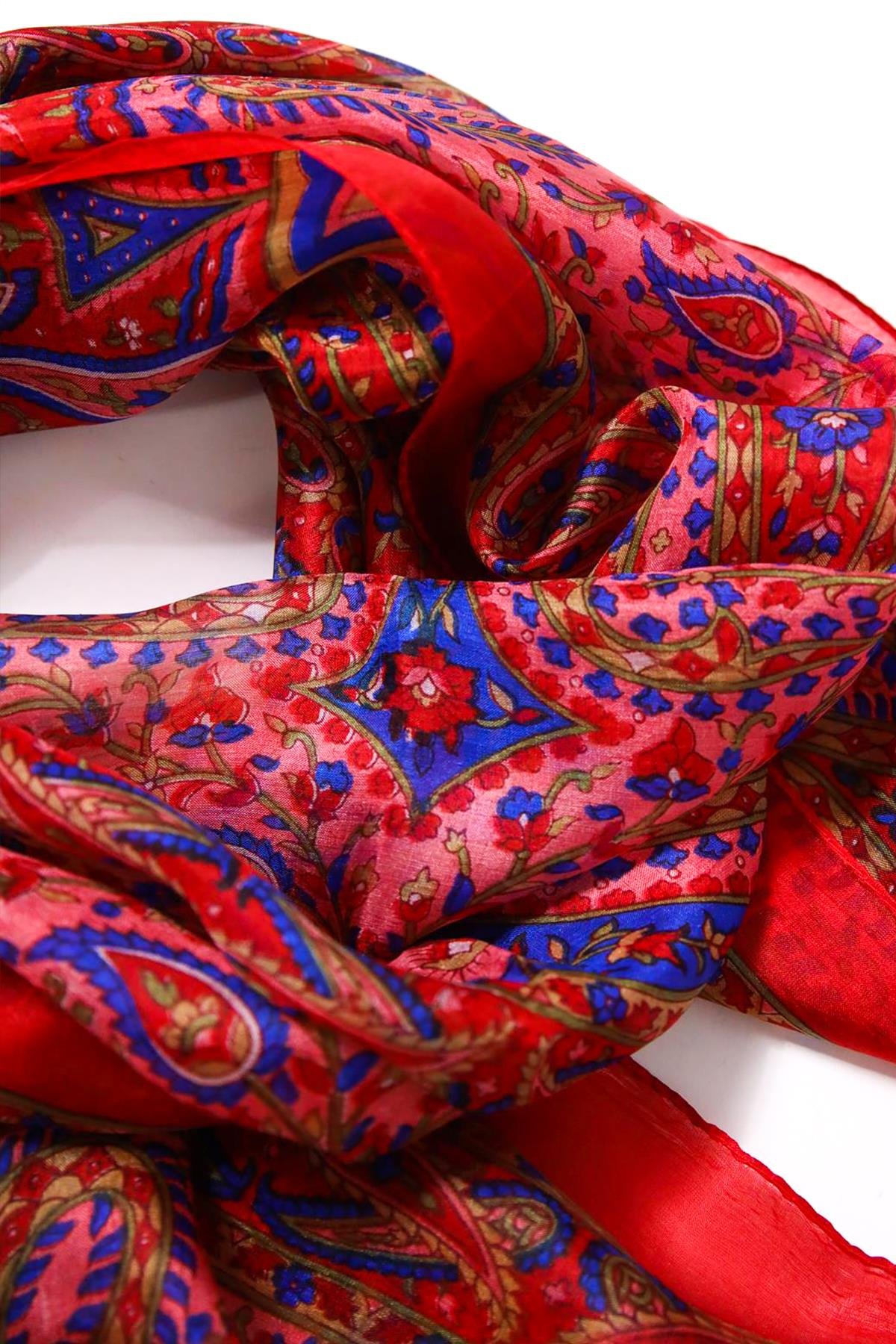 Kırmızı Desenli İpek Şal - Şaman Butik Kırmızı Desenli İpek Şal