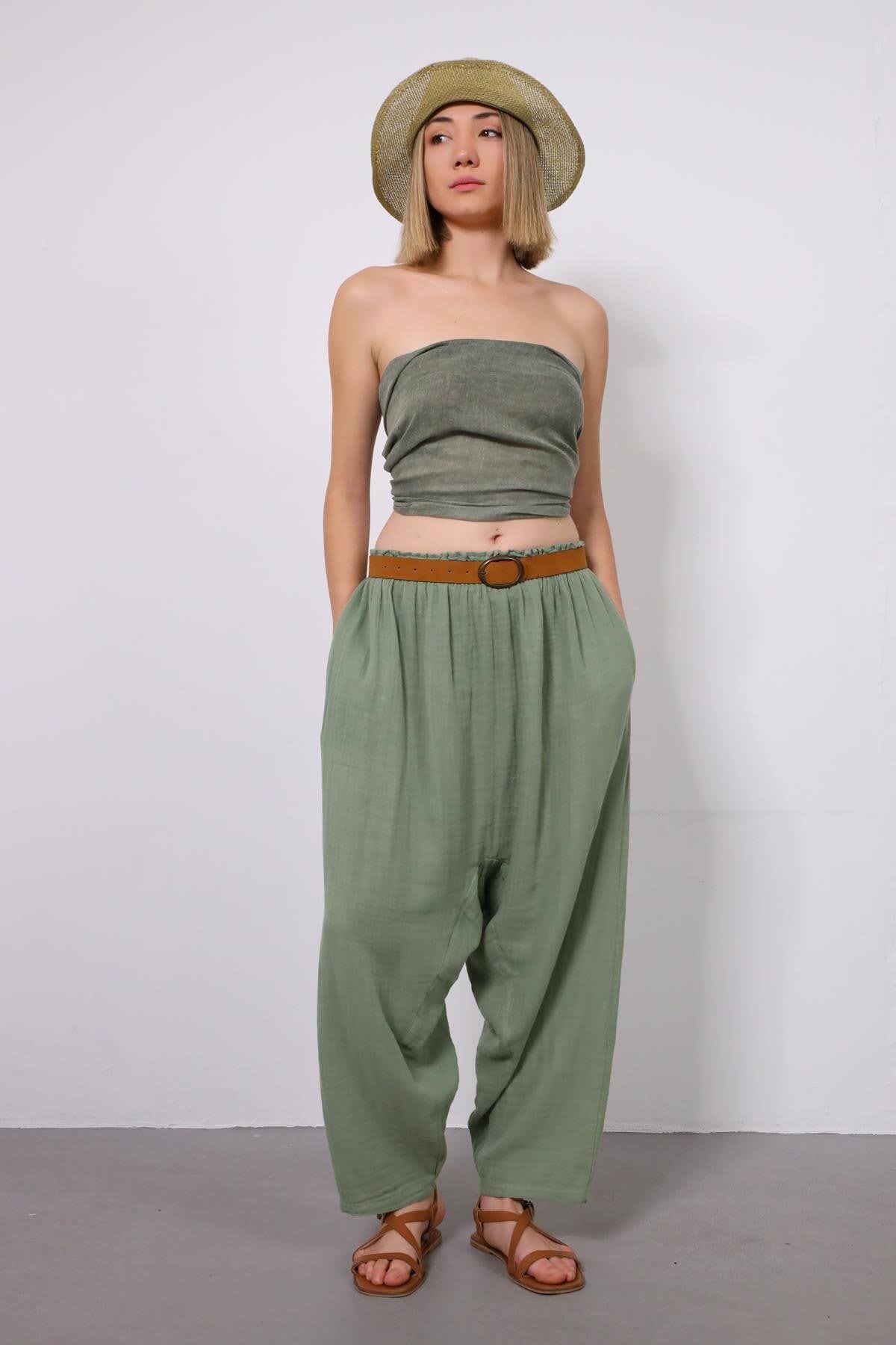  Mint Yeşili Beli Lastikli Müslin Şalvar