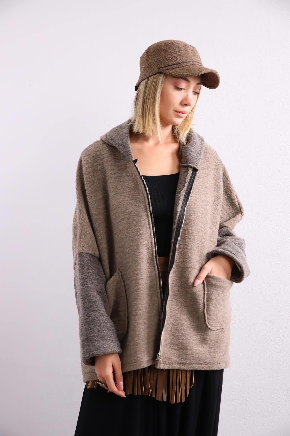 Mink Front Zipper Felt Coat with Pockets Mink Front Zipper Felt Coat with Pockets