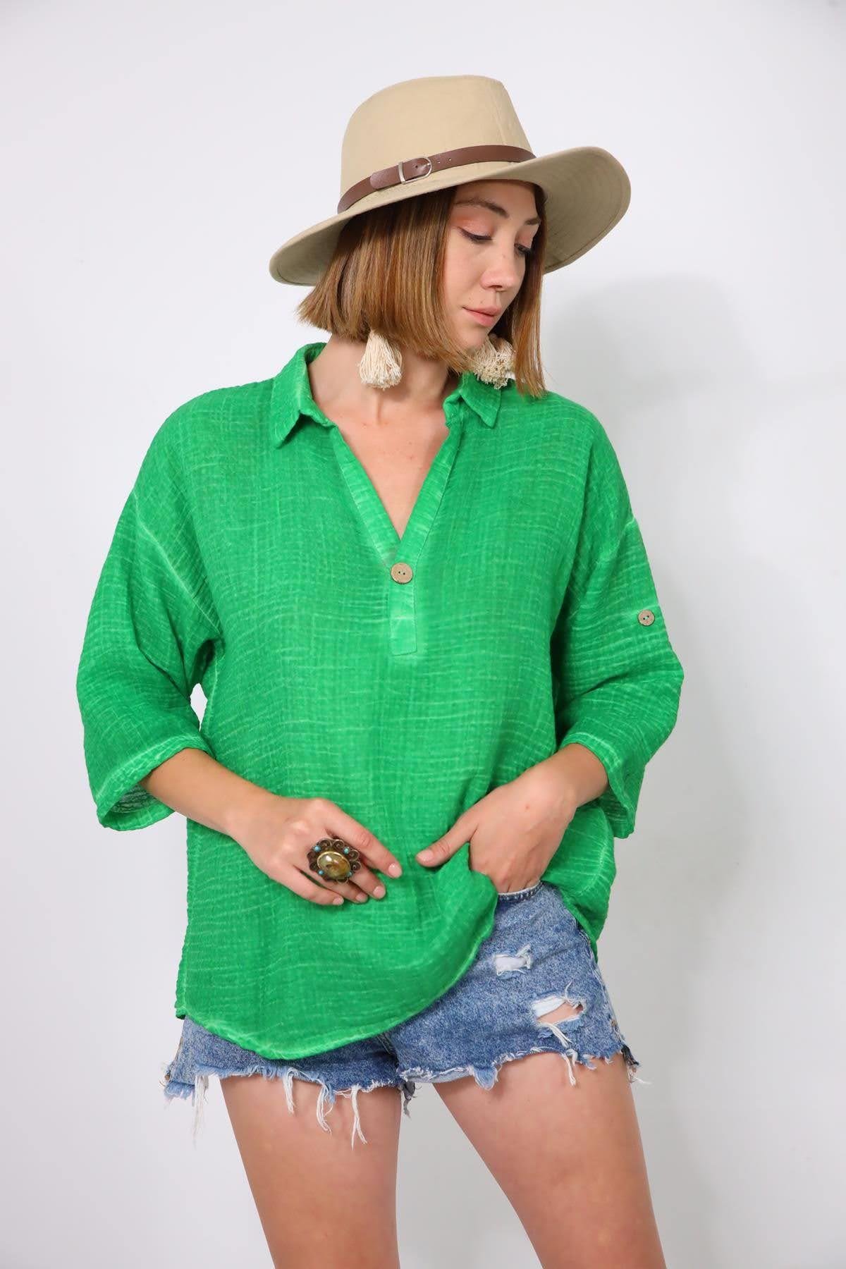 Yeşil Yağ Yıkama Müslin Tek Düğmeli Gömlek