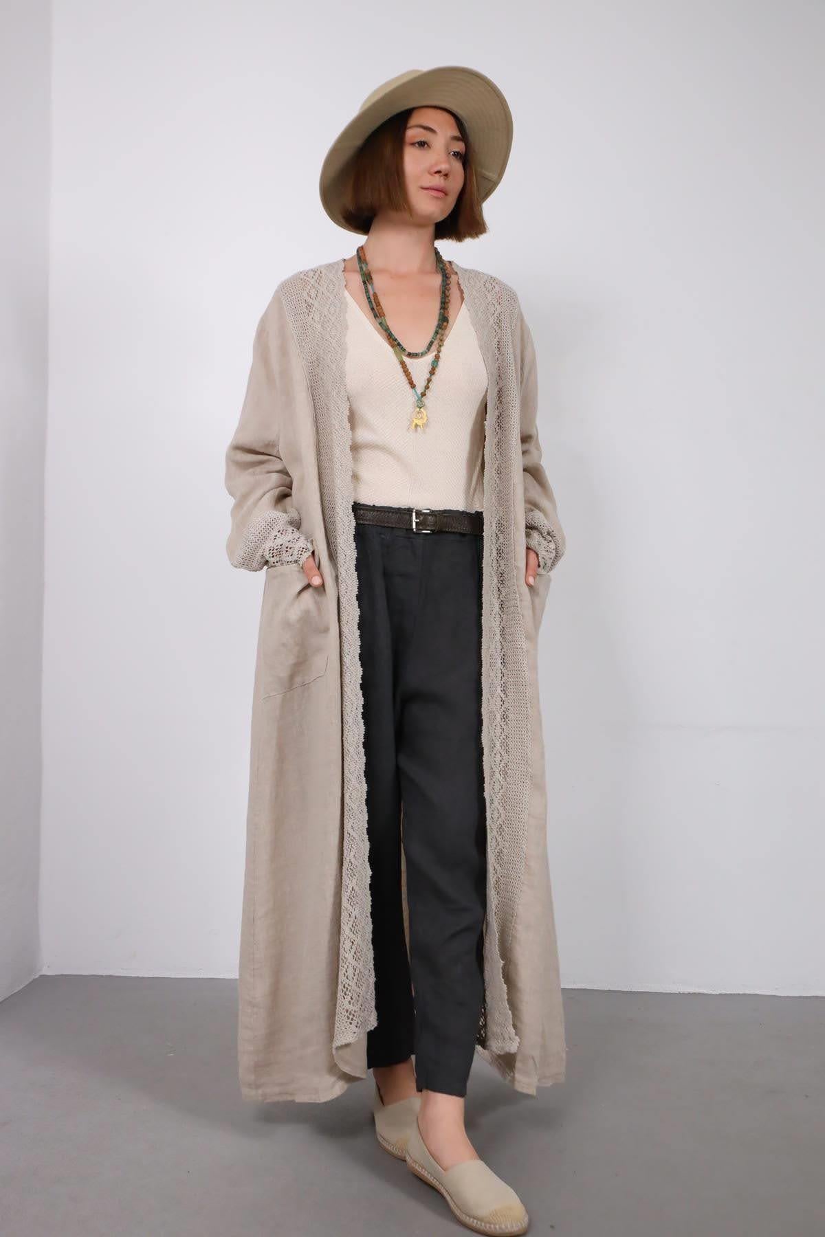 Vizon Rengi Kolu ve Yakası Dantelli Keten Kaftan - Şaman Butik Vizon Rengi Kolu ve Yakası Dantelli Keten Kaftan