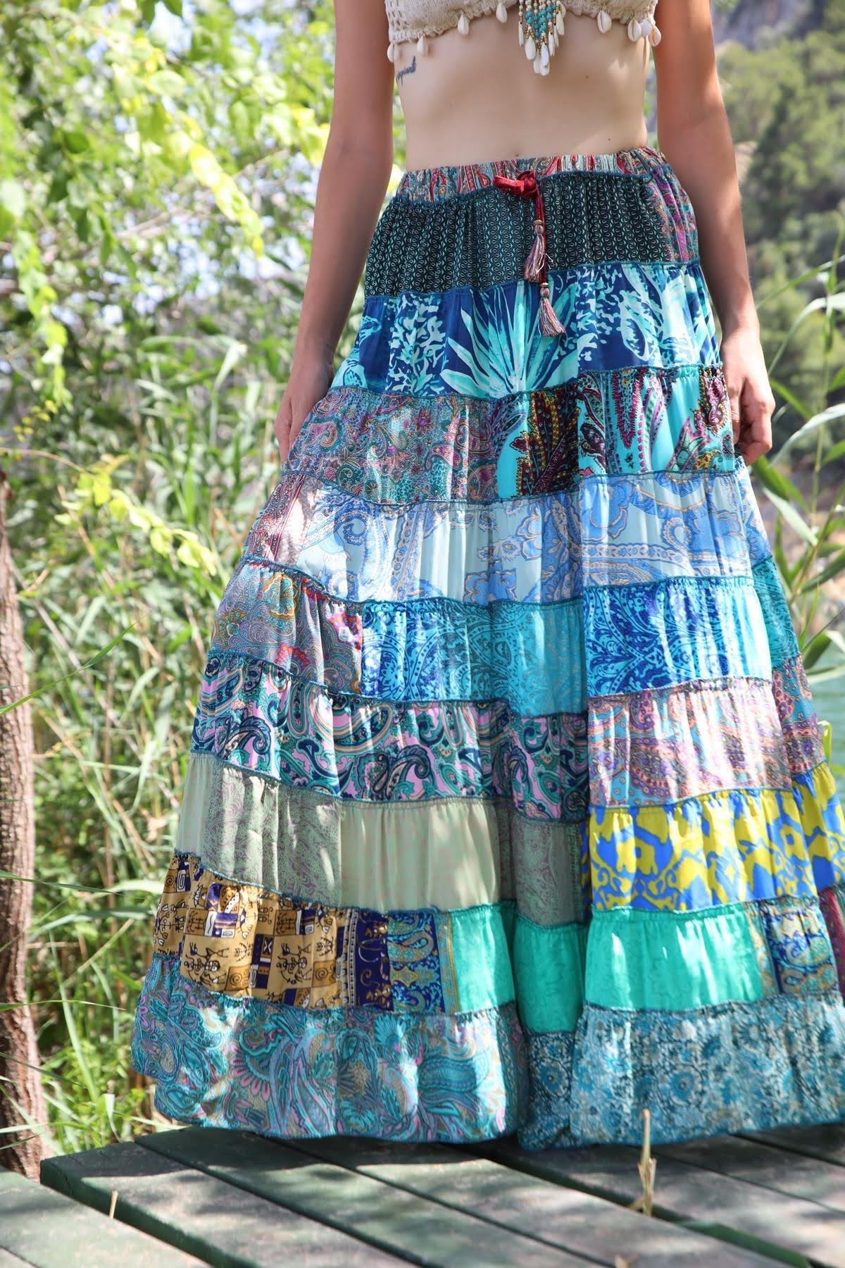  Renkli Patchwork Otantik İpek Etek