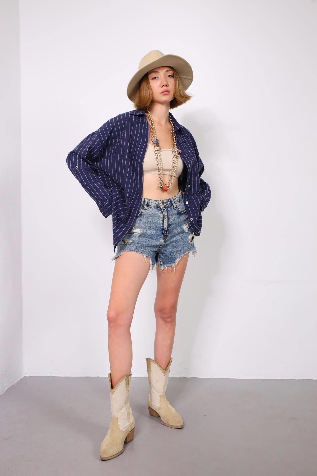  Lacivert Kolları Apoletli Çizgili Keten Gömlek