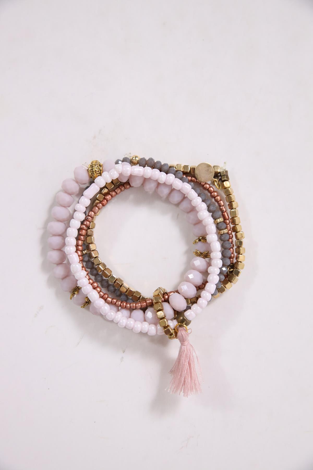  Püskül Detaylı Renkli Doğal Taş Çoklu Bileklik