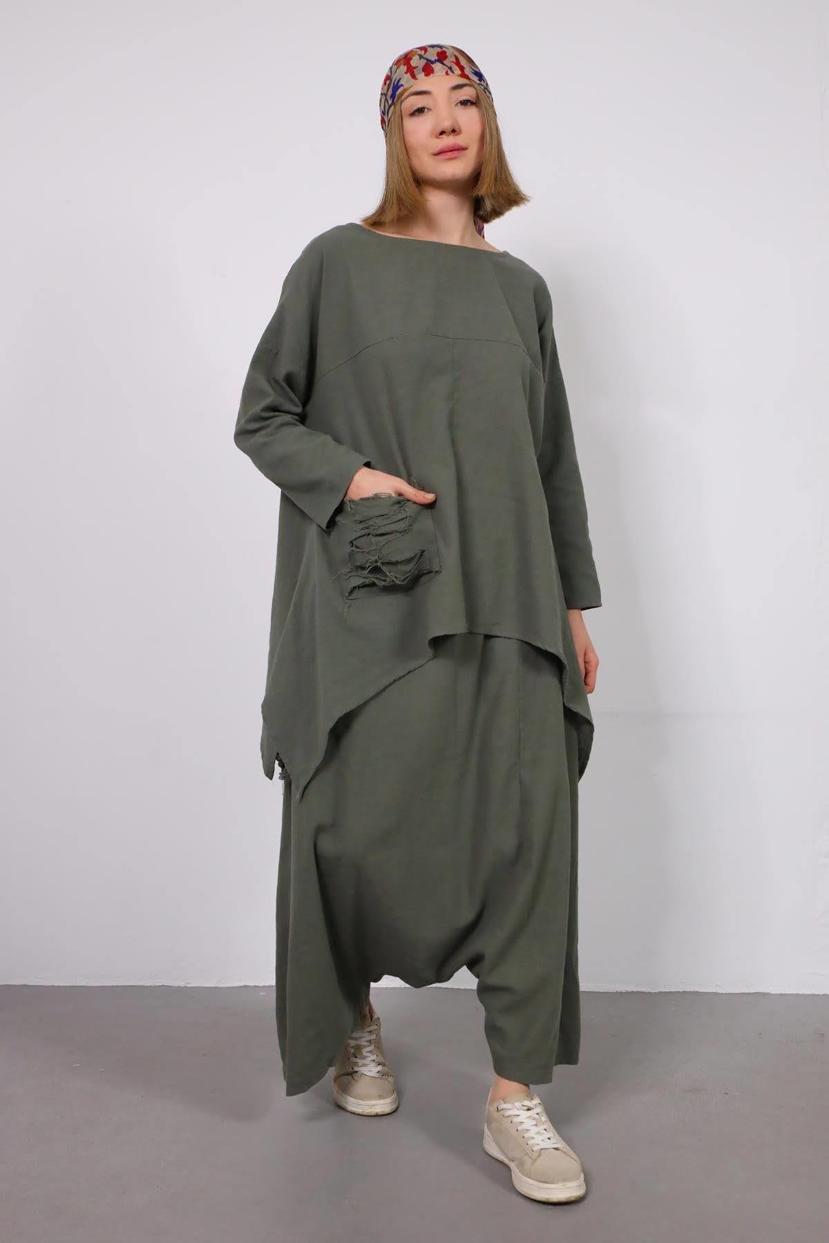  Haki Cebi Yırtık Detaylı Keten Şalvar