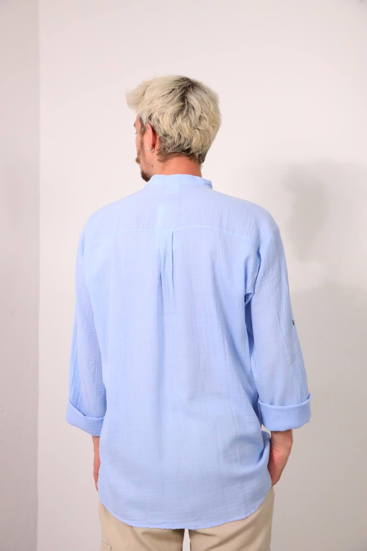  Mavi Hakim Yaka Müslin Erkek Gömlek
