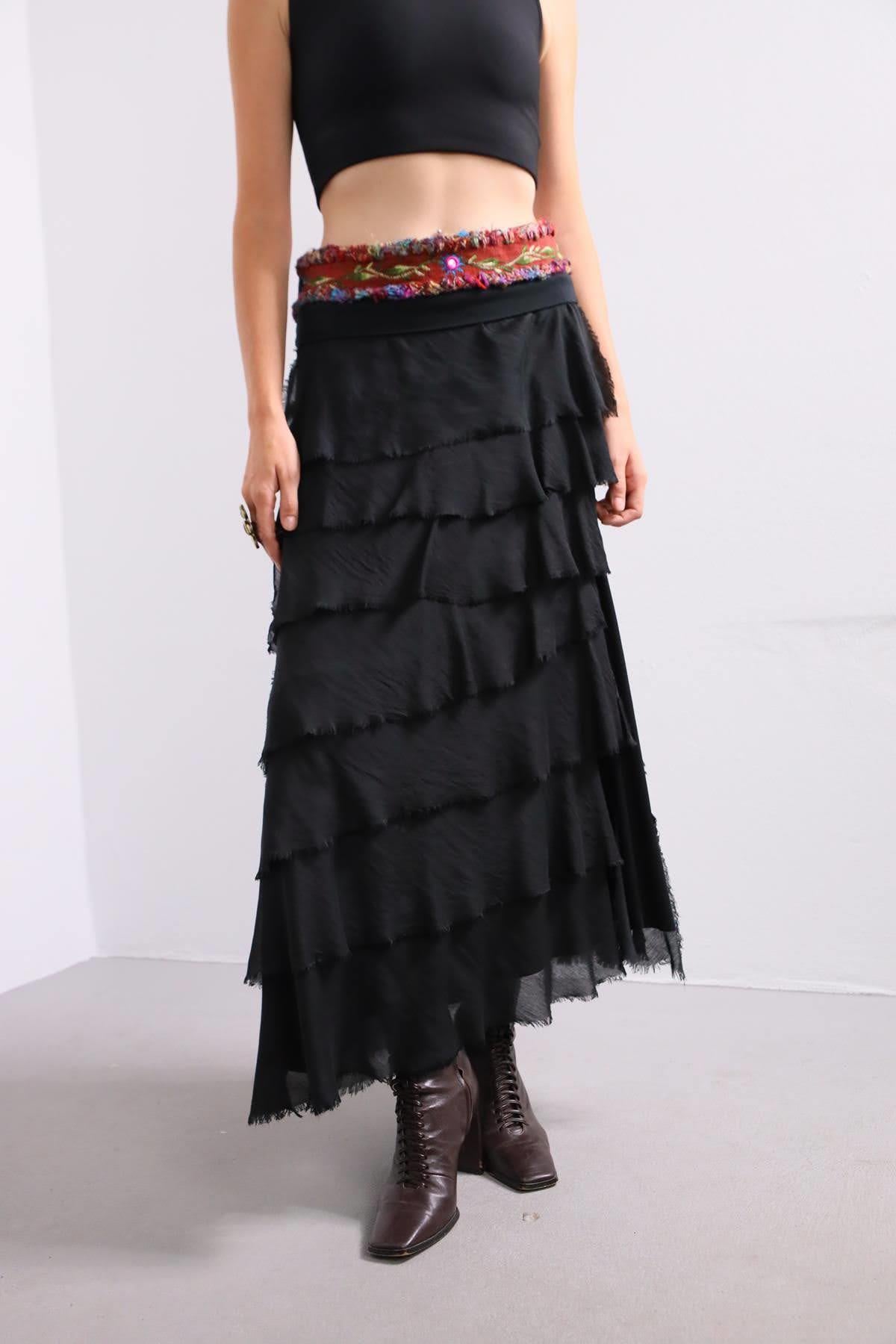 Saman Butik | Shop Online Black Layered Silk Skirt