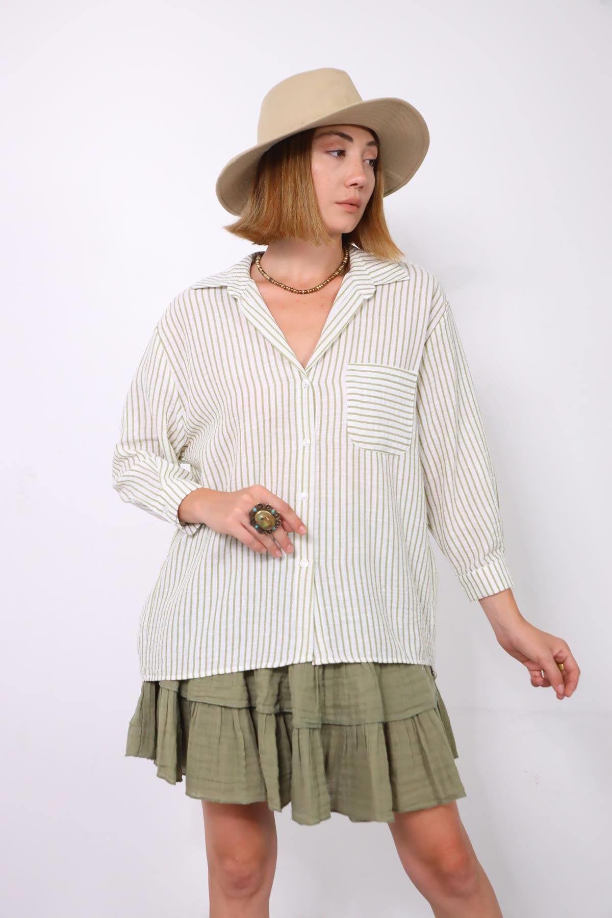  Fıstık Yeşili Çizgili Oversize Gömlek