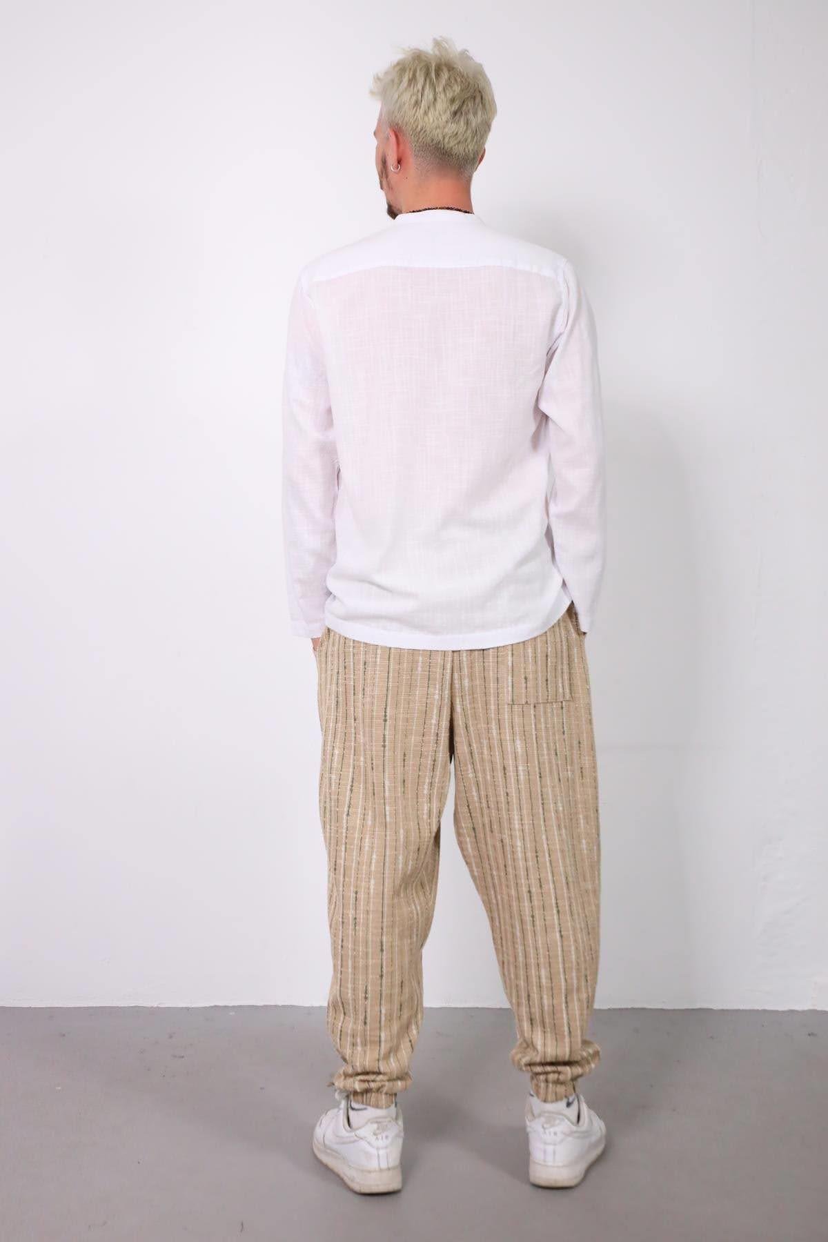  Bej Beli Pileli Paçası Büzgülü Çizgili Erkek Pantolon