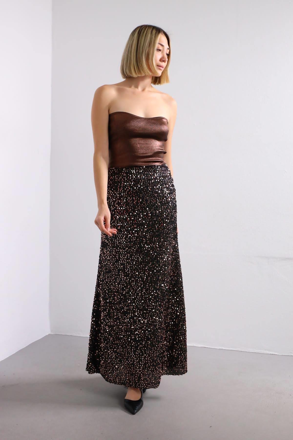  Bakır Rengi Saçaklı Payetli Çan Etek