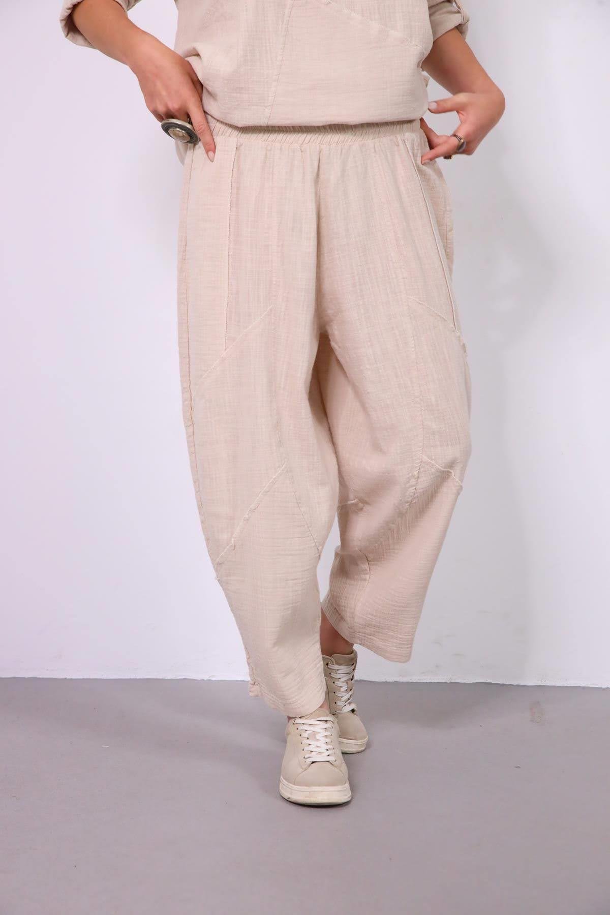  Krem Rengi Müslin Parçalı Dikişli Pantolon ve Bluz Takım