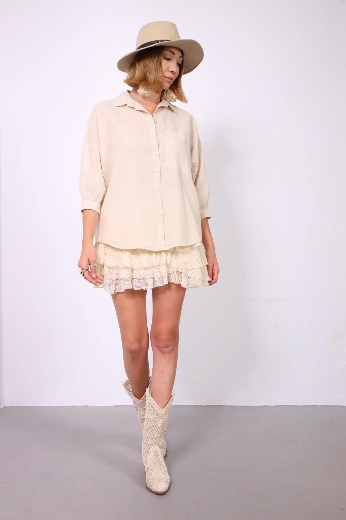  Krem Rengi Dikiş Detaylı Yarasa Kol Gömlek