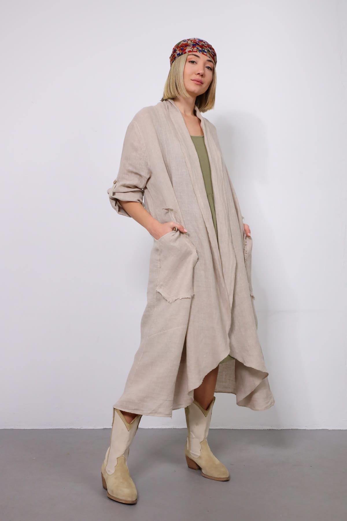 Krem Cebi Düğmeli Keten Kaftan - Şaman Butik - Bohem Giyim ve Aksesuar | Kadın & Erkek Krem Cebi Düğmeli Keten Kaftan