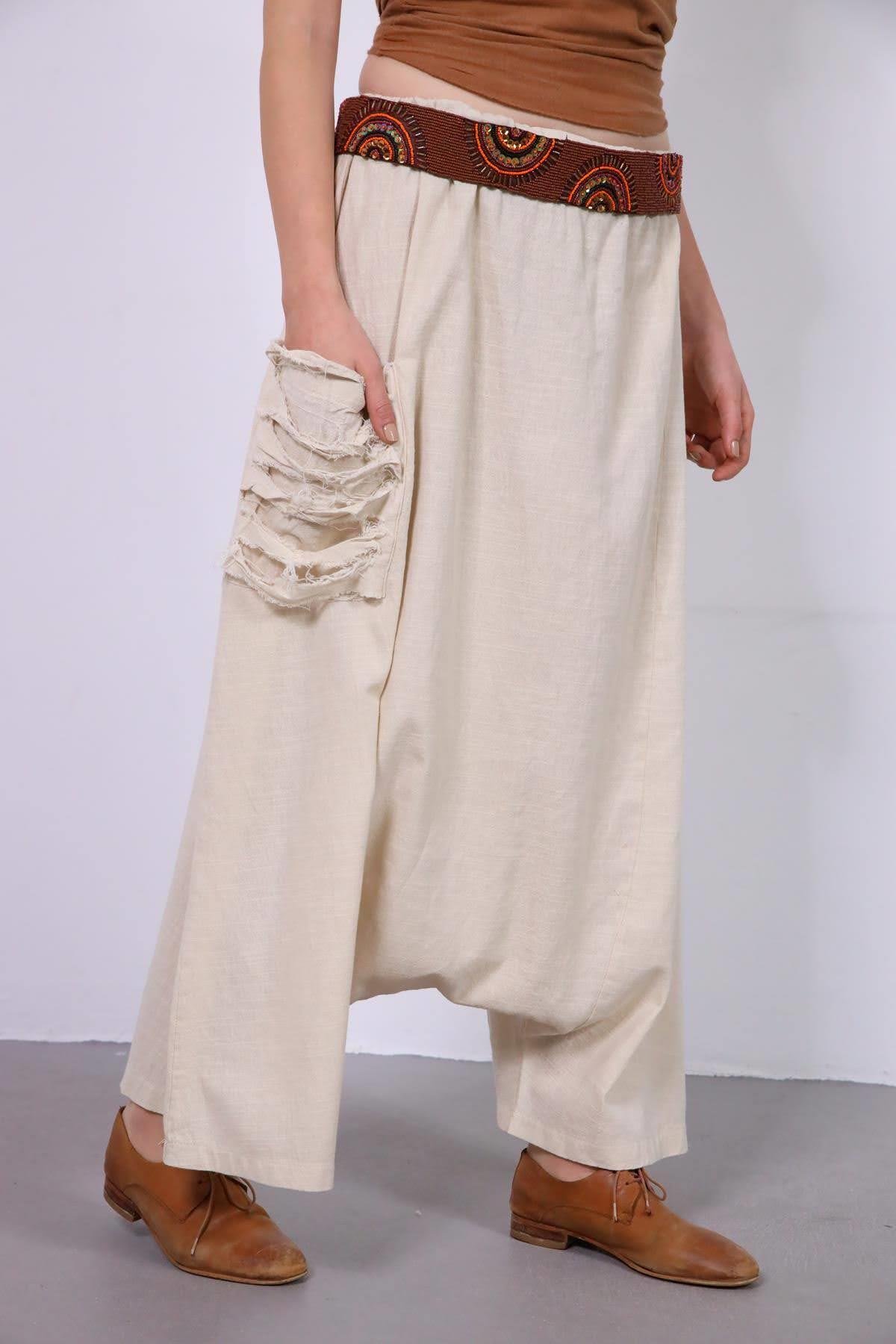  Krem Rengi Cebi Yırtık Detaylı Keten Şalvar