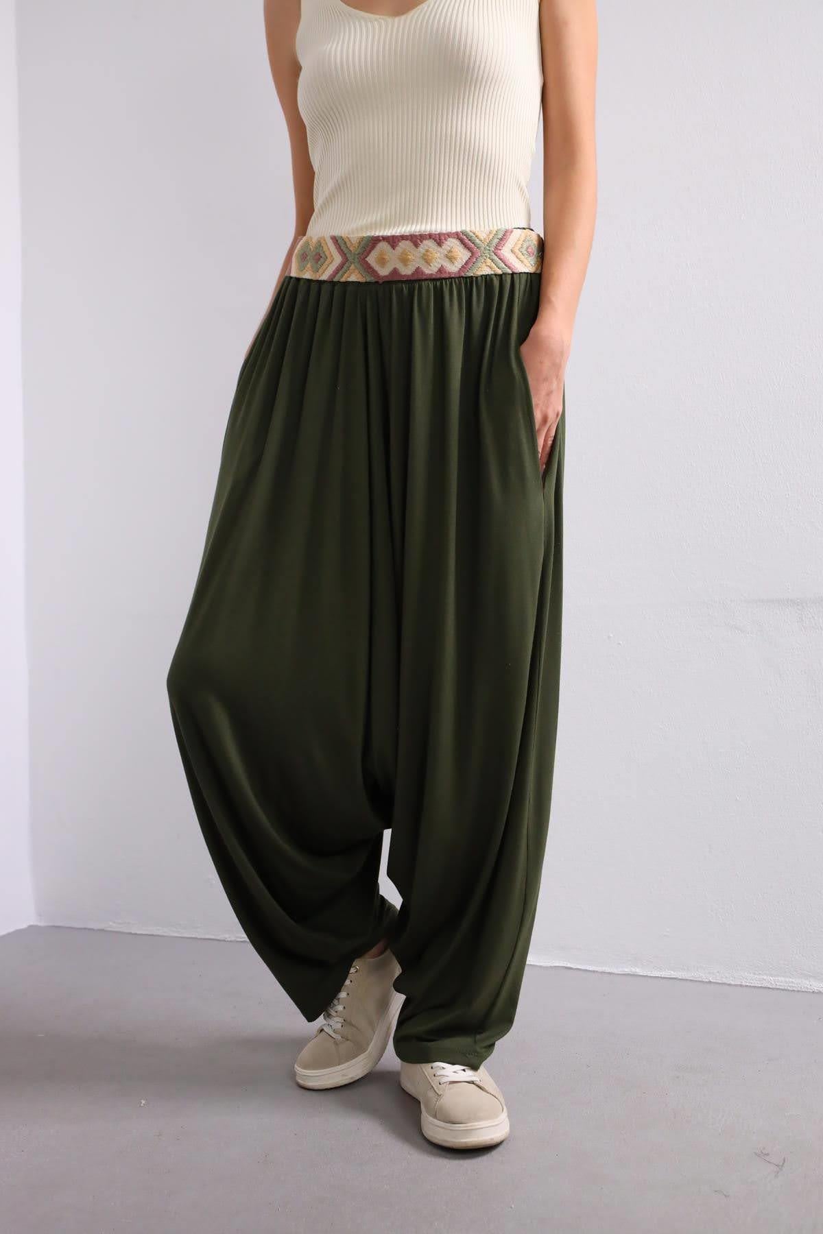 Haki Beli Lastikli Cepli Şalvar - Şaman Butik Haki Beli Lastikli Cepli Şalvar