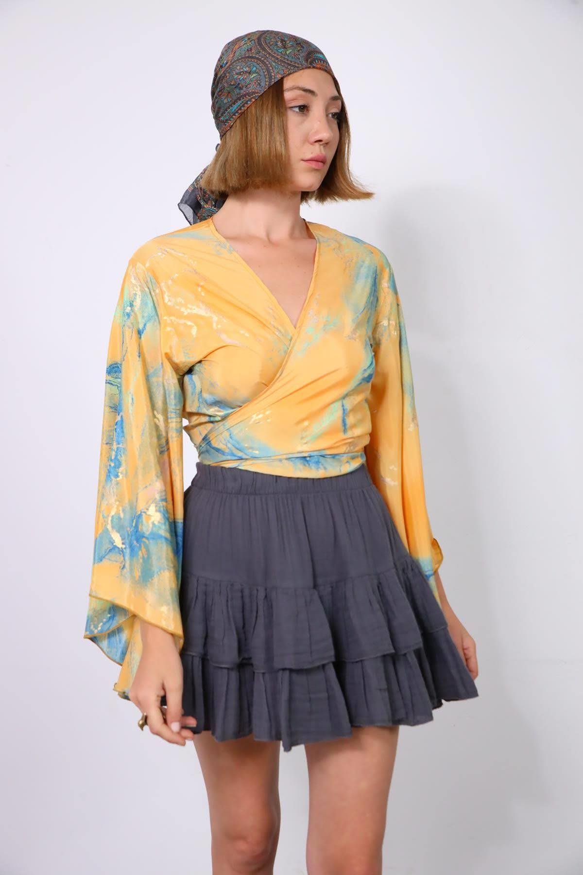 Mango Rengi Yarasa Kol İpek Bolero - Şaman Butik Mango Rengi Yarasa Kol İpek Bolero