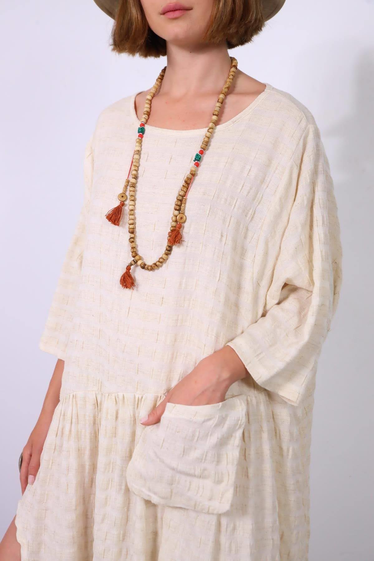 Krem Rengi Çizgili Tek Cepli Elbise - Şaman Butik Krem Rengi Çizgili Tek Cepli Elbise