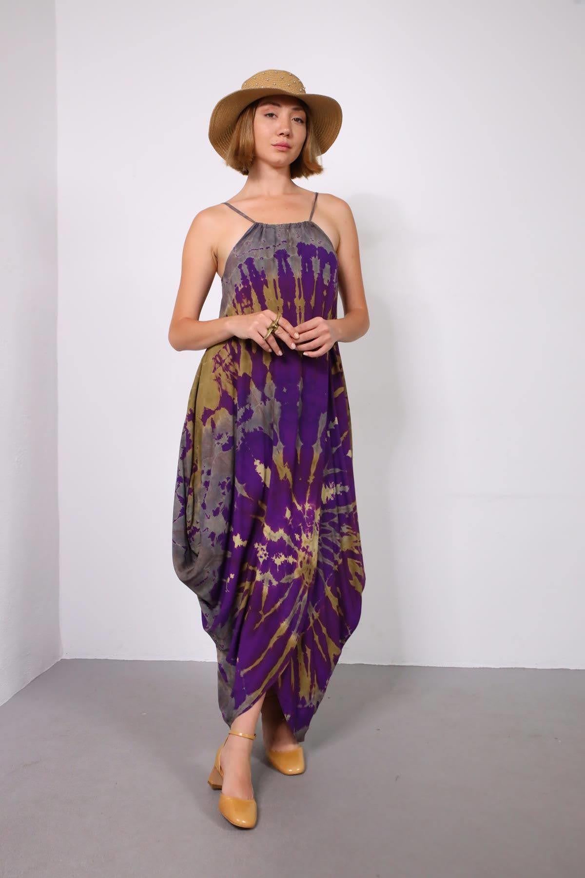 Mor Batikli Yırtmaçlı Elbise - Şaman Butik Mor Batikli Yırtmaçlı Elbise