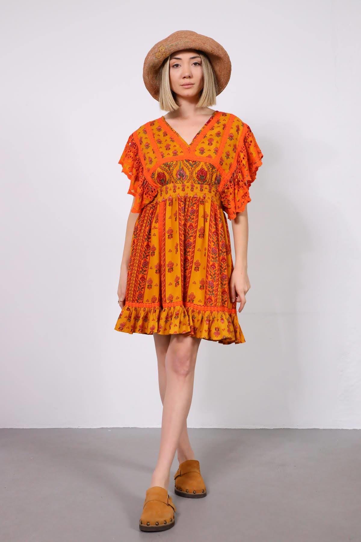 Hardal Rengi Güpürlü Kolları Ajurlu Desenli Elbise - Şaman Butik Hardal Rengi Güpürlü Kolları Ajurlu Desenli Elbise