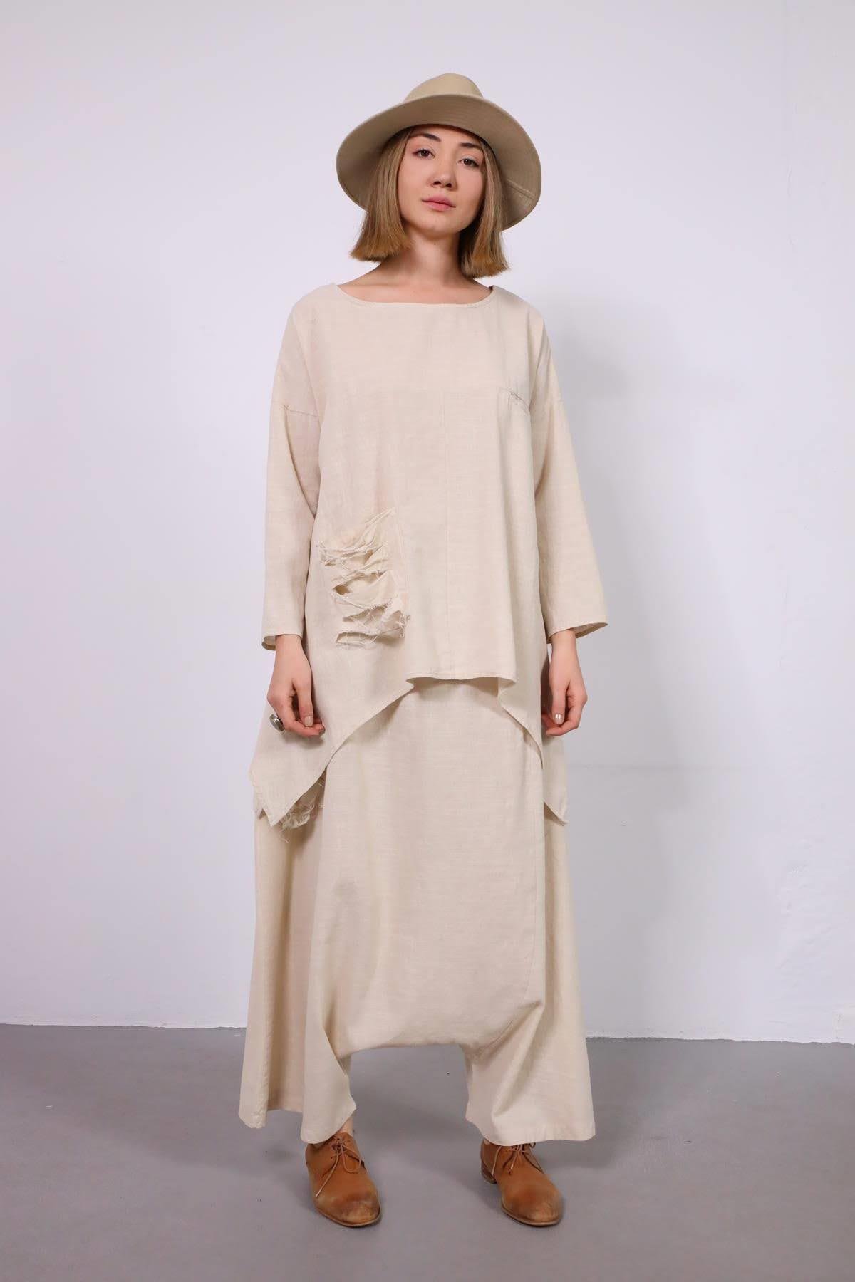  Krem Rengi Cebi Yırtık Detaylı Keten Şalvar