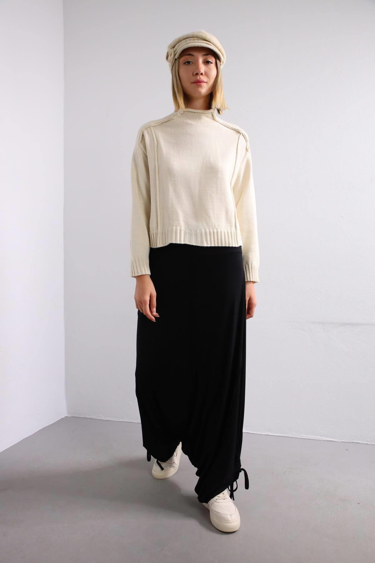 Navy Blue Floral Stitched Waist Shirt Dress - Şaman Butik Black Tied Cuff Stitch Detailed Harem Pants