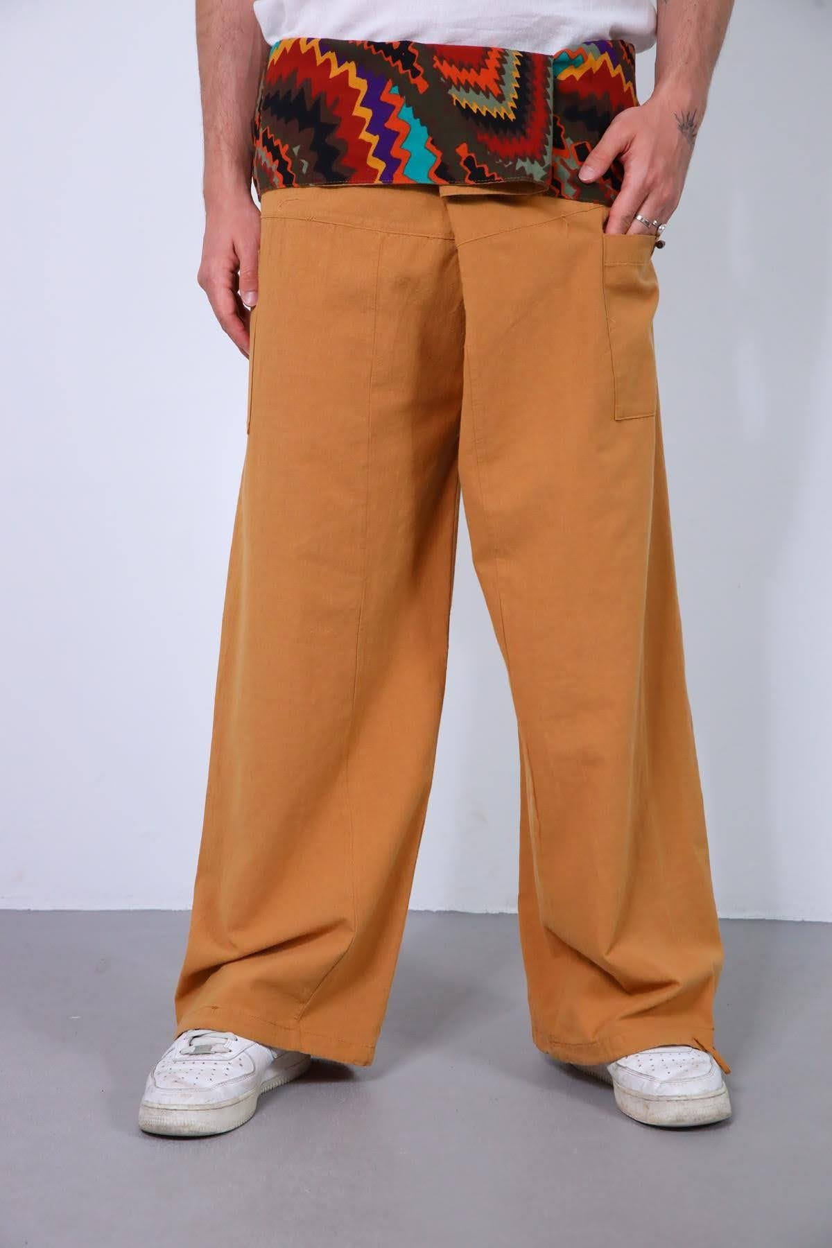  Hardal Rengi Beli Desenli Balıkçı Pantolon