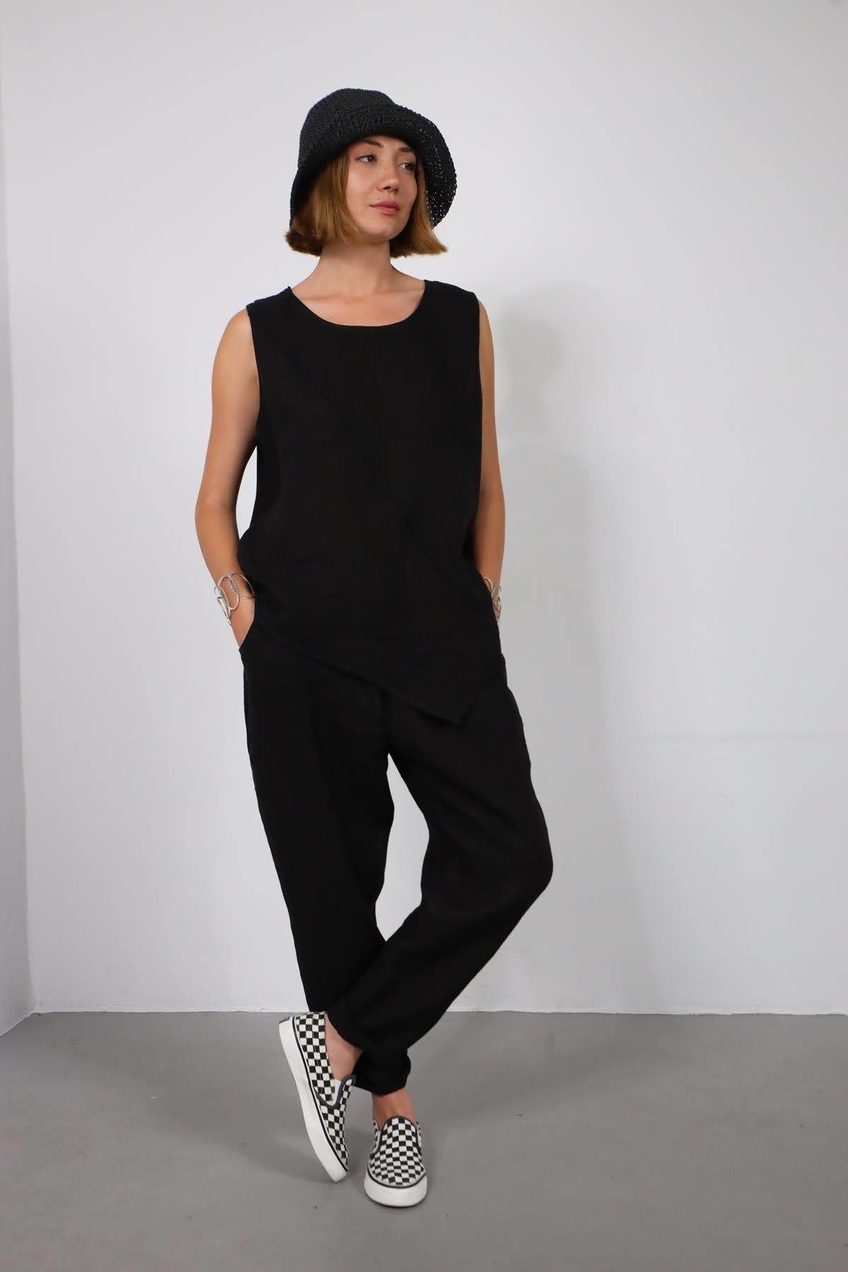  Siyah Dikişli Sıfır Kol Bluz ve Pantolon Keten Takım