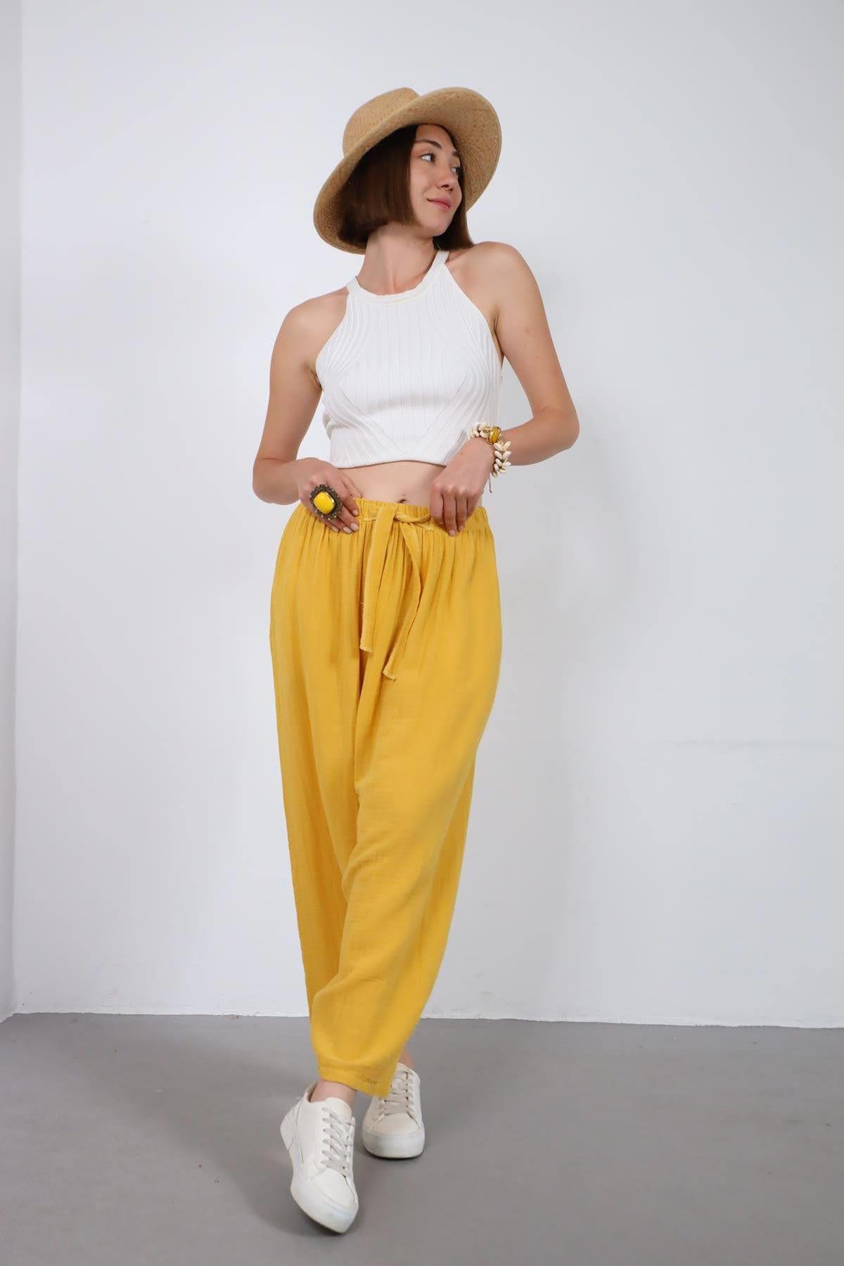  Sarı Beli İpli Müslin Şalvar