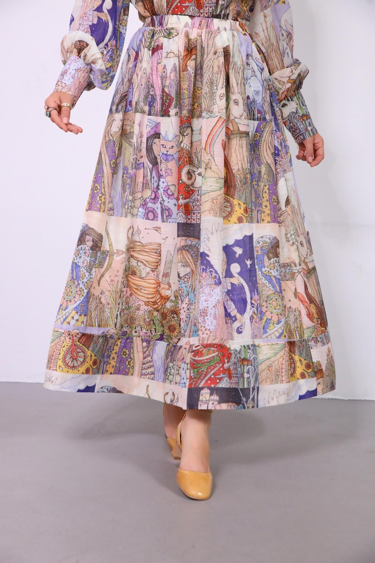  Krem Rengi Anime Figürlü Taş Detaylı Etek Gömlek Takım