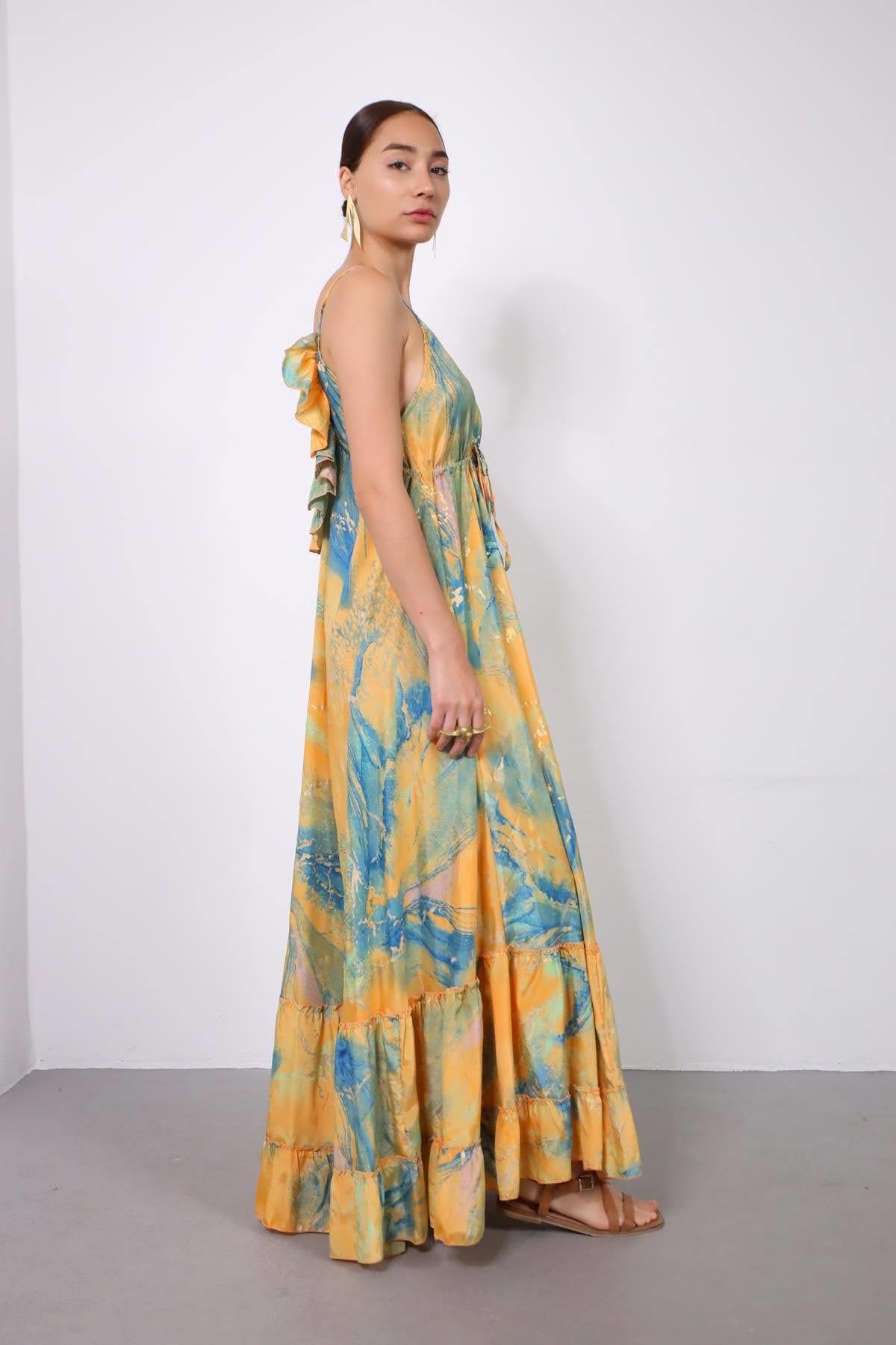 Mango Rengi Arkası Fırfırlı Askılı İpek Elbise - Şaman Butik Mango Rengi Arkası Fırfırlı Askılı İpek Elbise