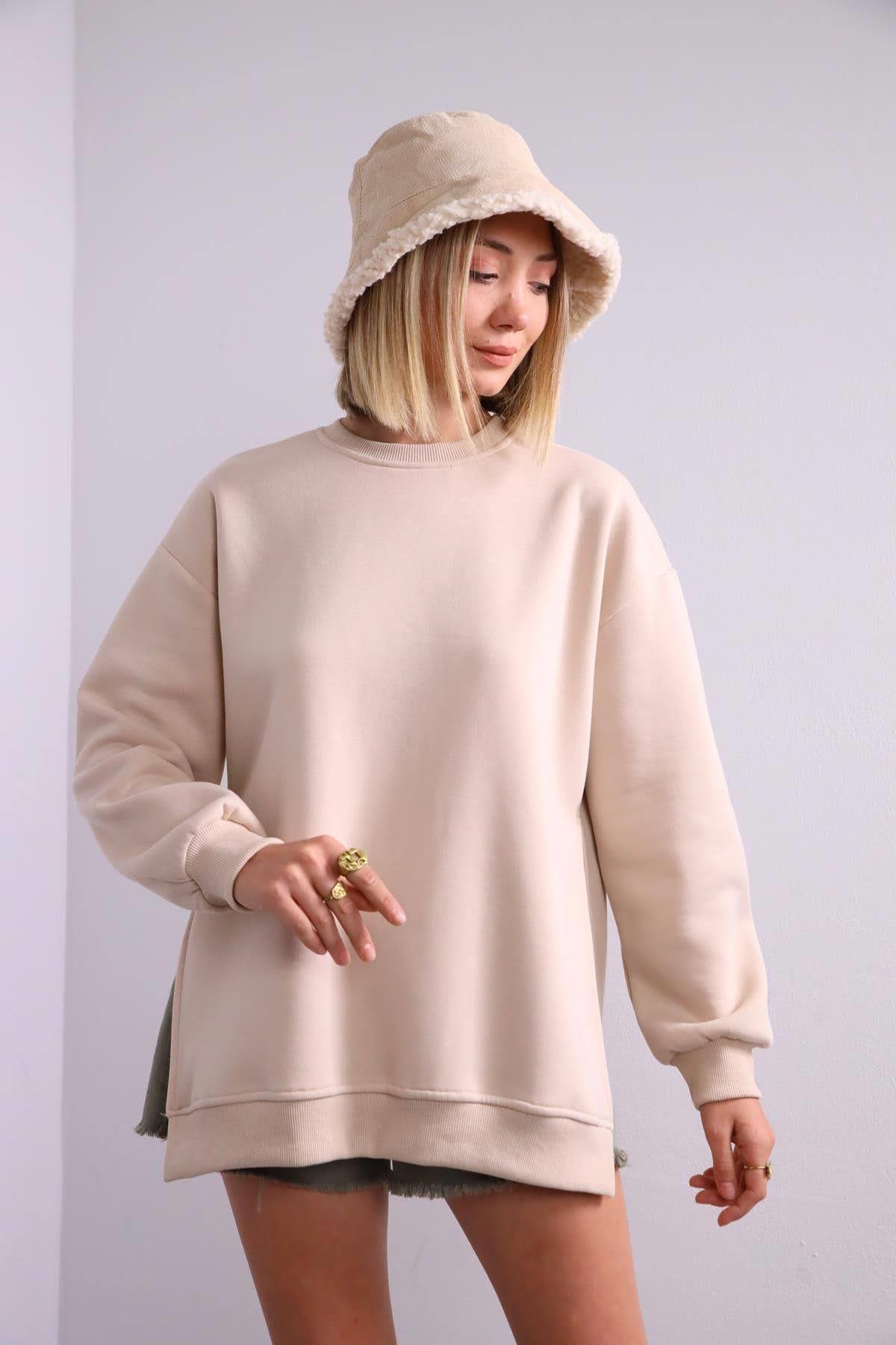  Taş Rengi Yanları Yırtmaçlı Sweatshirt