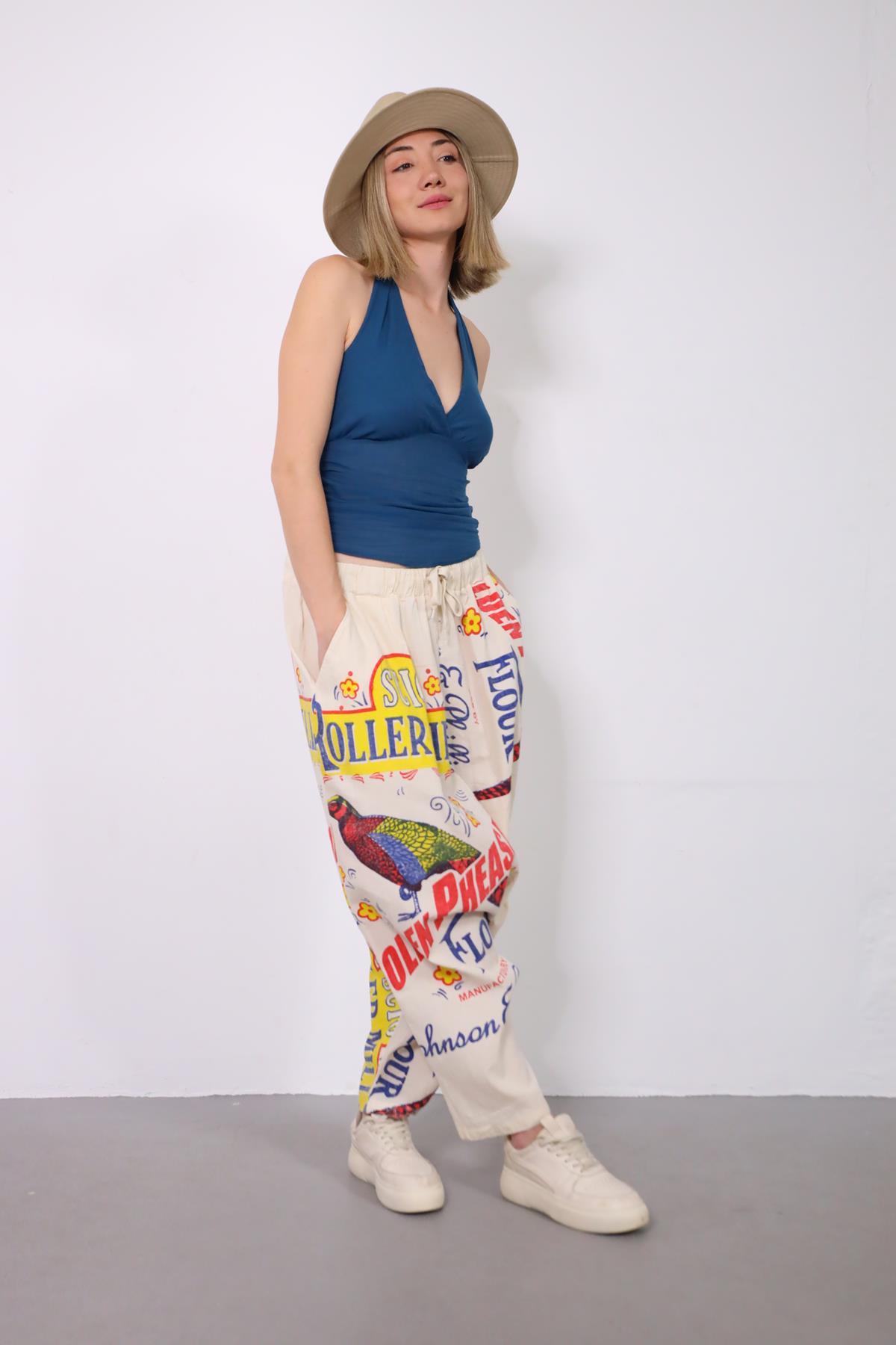  Ekru Renkli Yazılı Beli Lastikli Şalvar