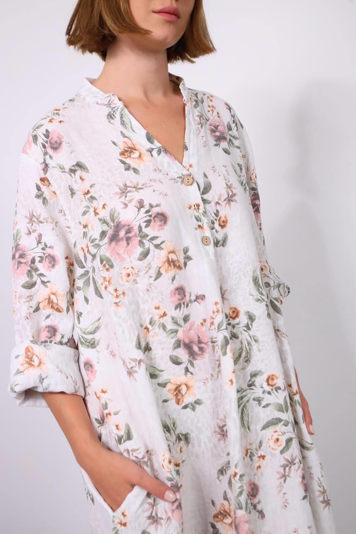 Beyaz Çiçekli Keten Elbise - Şaman Butik Beyaz Çiçekli Keten Elbise