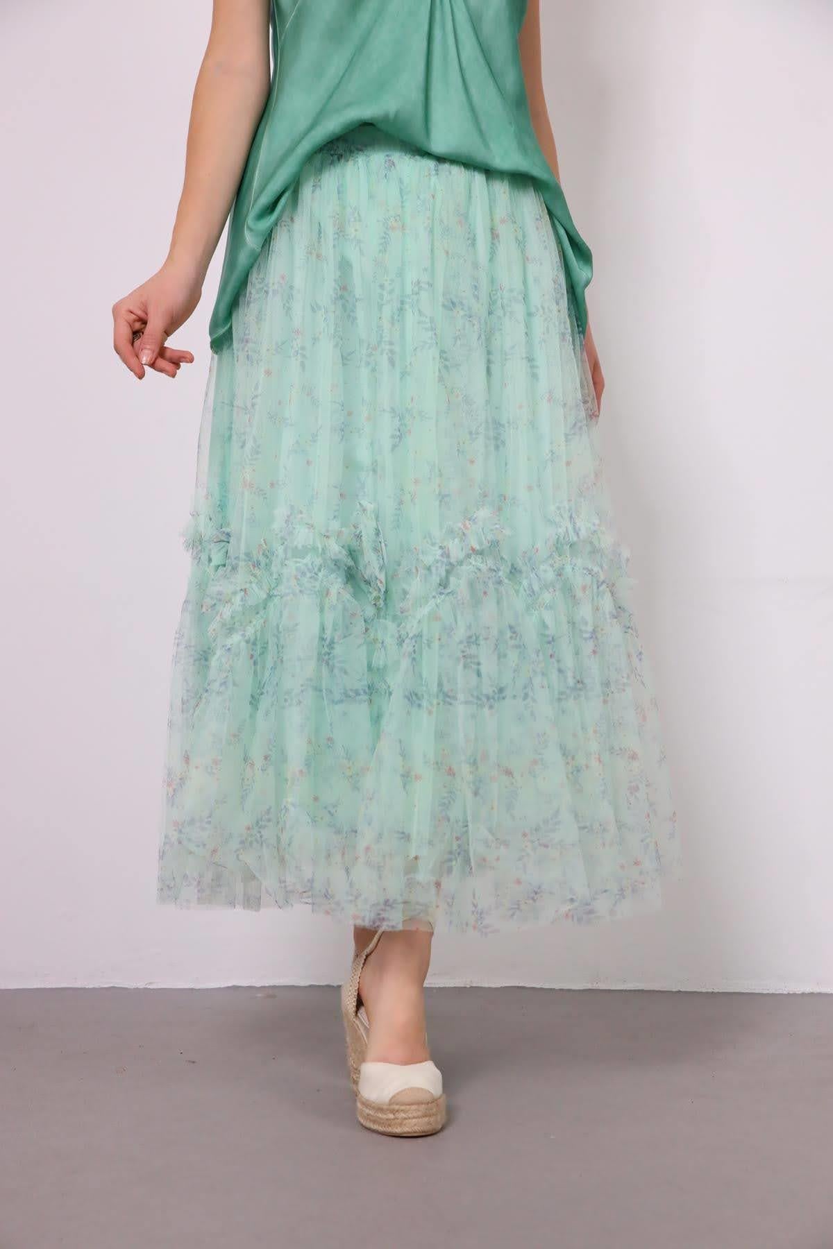 Saman Butik | Shop Online Water Green Rose Detail Tulle Skirt