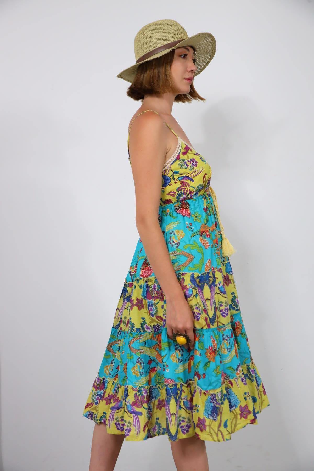 Turkuaz Güpür Detaylı Askılı Otantik Elbise - Şaman Butik Turkuaz Güpür Detaylı Askılı Otantik Elbise