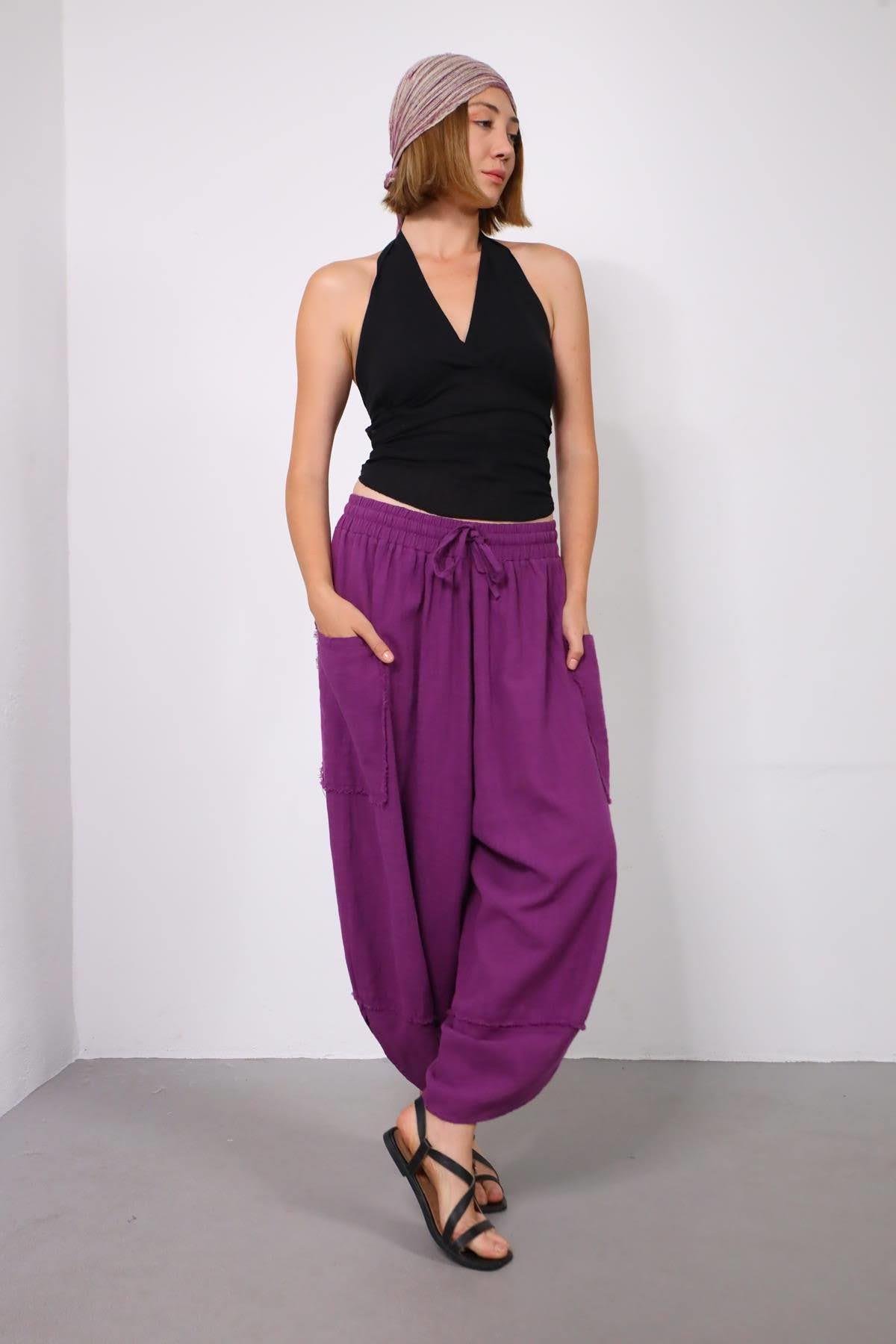 Mor Torba Cepli Püsküllü Paça Detaylı Pantolon - Şaman Butik Mor Torba Cepli Püsküllü Paça Detaylı Pantolon