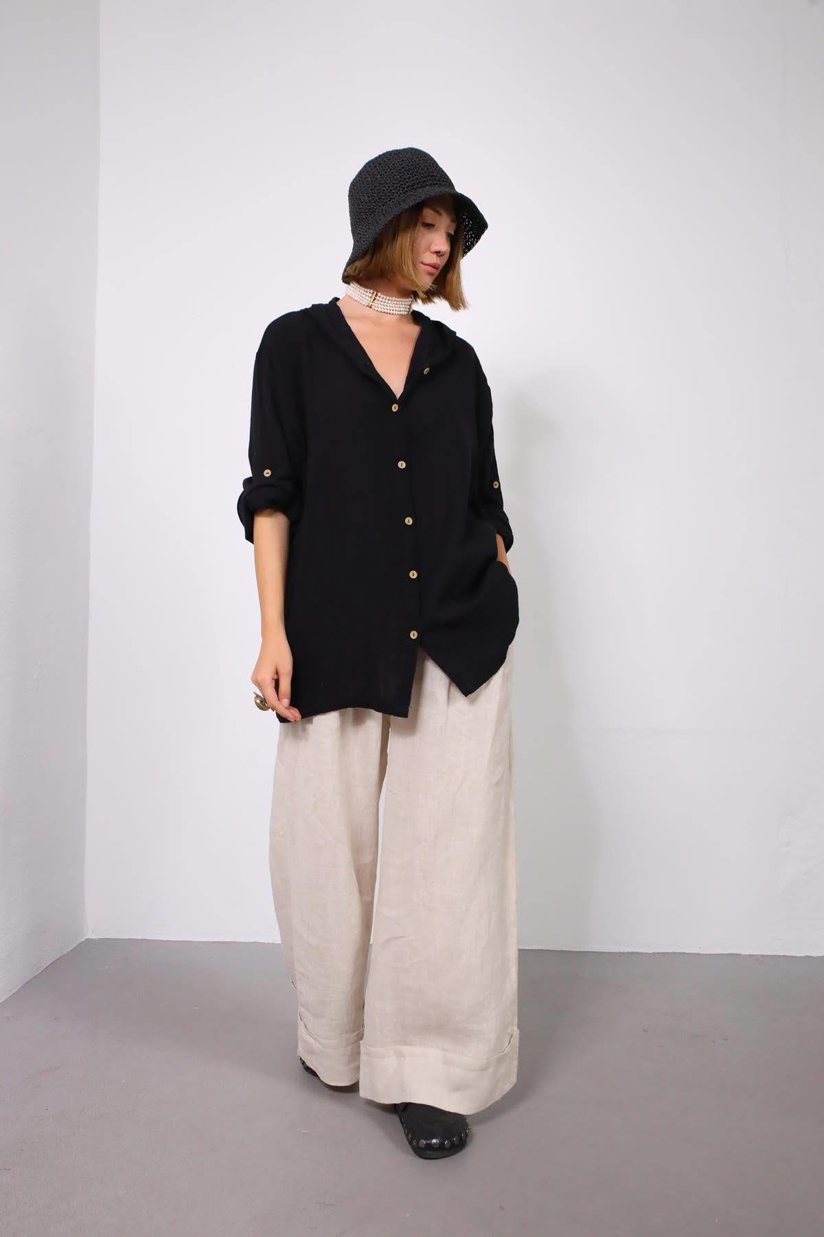  Siyah Kapüşonlu Müslin Gömlek