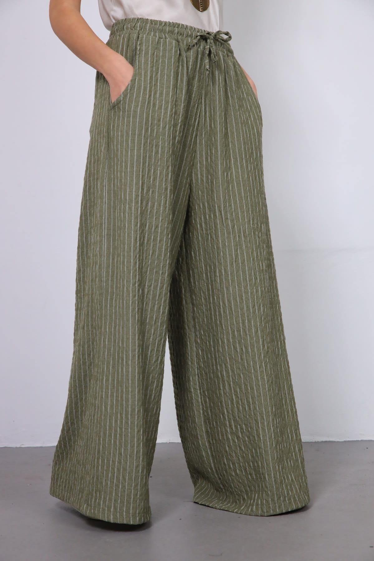 Haki Beli Lastikli Çizgili Salaş Pantolon - Şaman Butik Haki Beli Lastikli Çizgili Salaş Pantolon