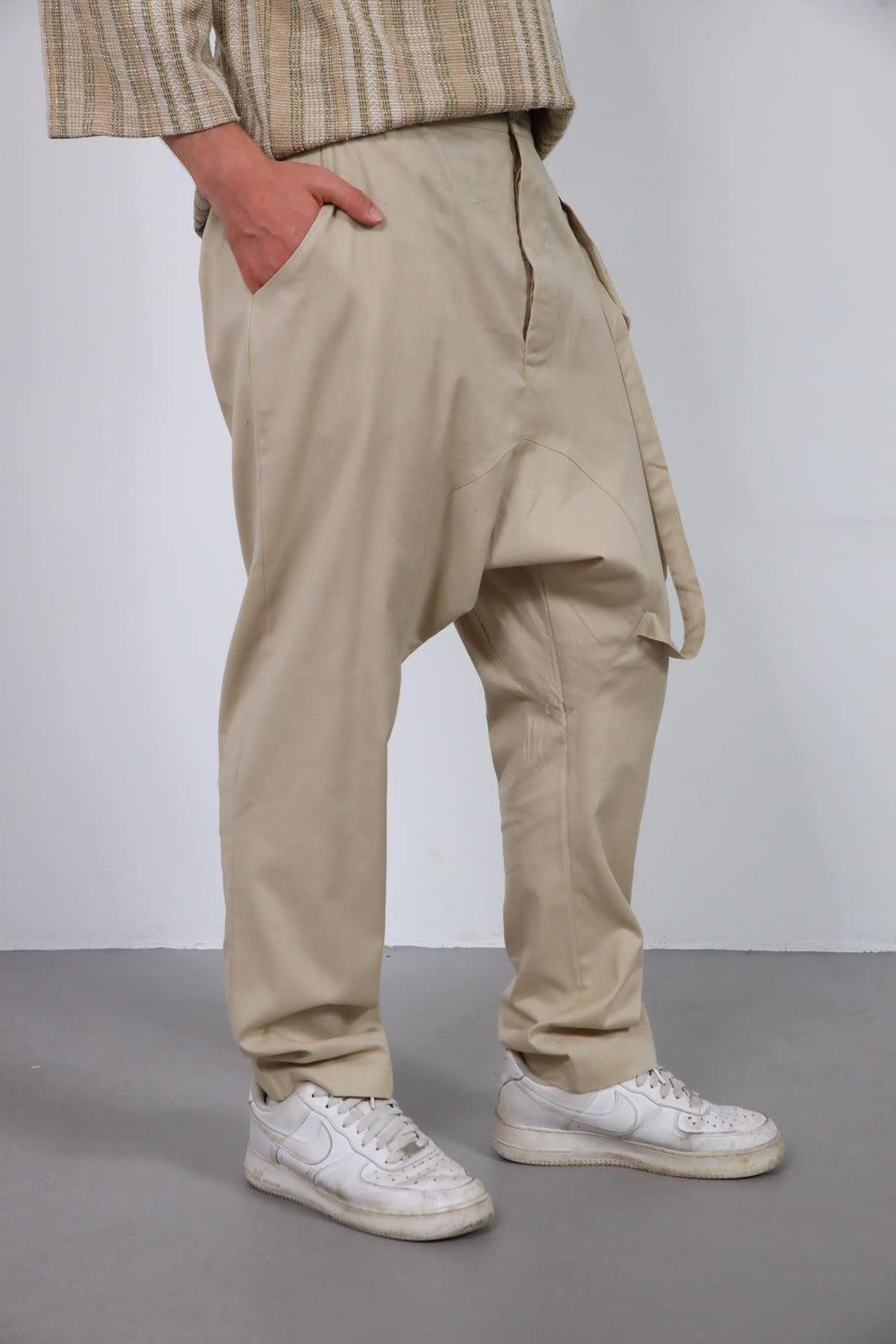  Krem Rengi Düz Paça Kordon Detaylı Şalvar Pantolon