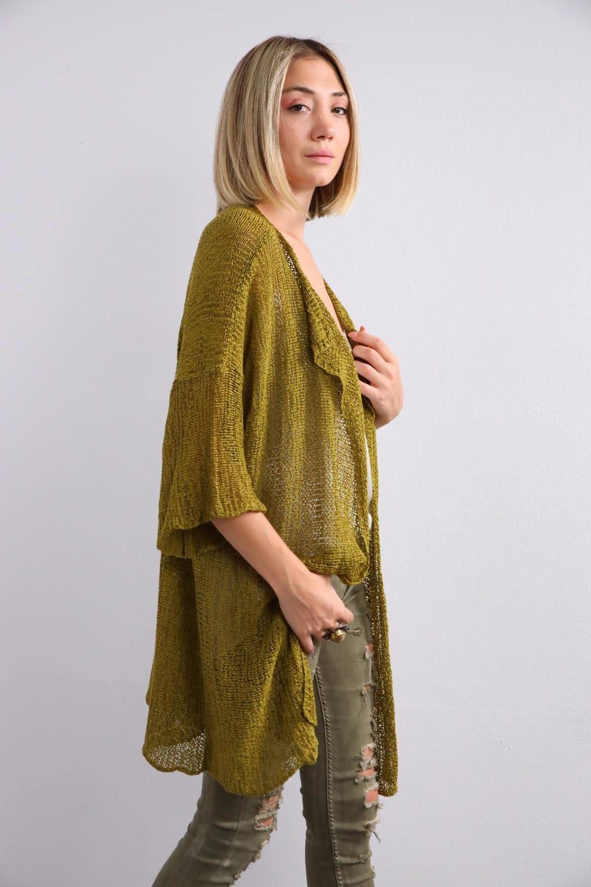  Yağ Yeşili Kısa Merserize Hırka