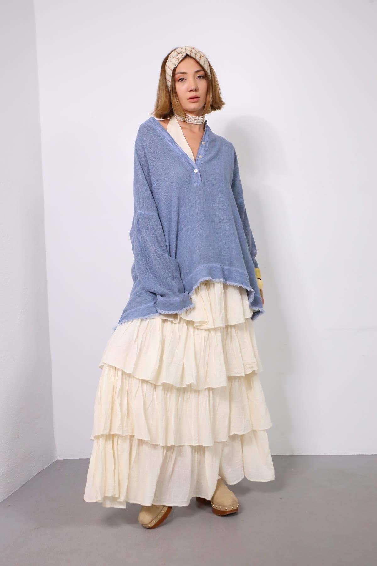  Ekru Beli Lastikli Kat Kat Bohem Etek