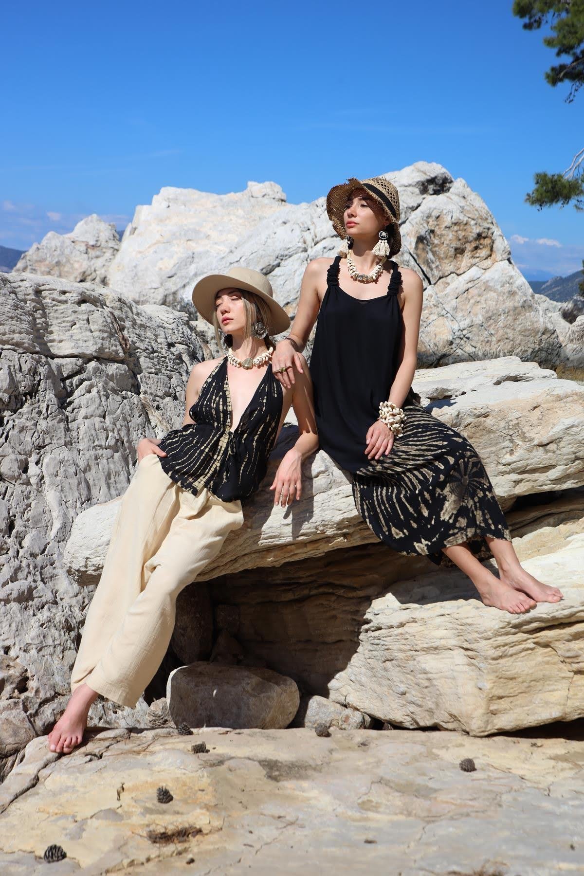 Siyah Batik Desenli Otantik Elbise - Şaman Butik Siyah Batik Desenli Otantik Elbise