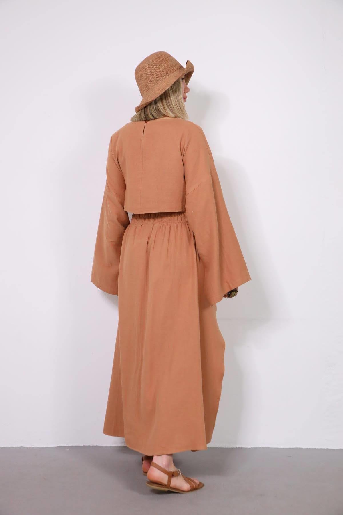  Somon Rengi Yırtmaçlı Etek ve Crop Takım